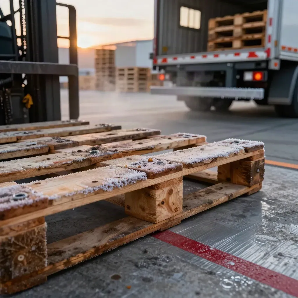 Macro of dock tines, pallet wood, truck lights, and vapor at dawn