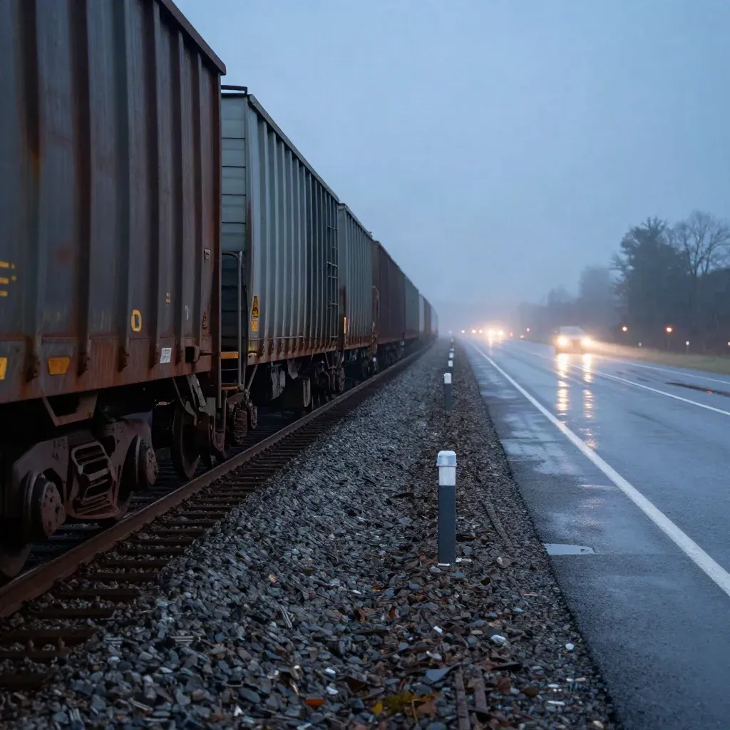 Blue-hour freight cars and wet tracks beside an empty border road after convoy lights pass.