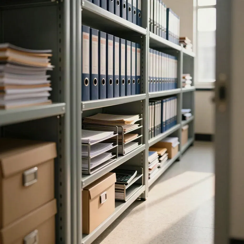 Records room with binders, trays, calculator, and shelves after a budget meeting.