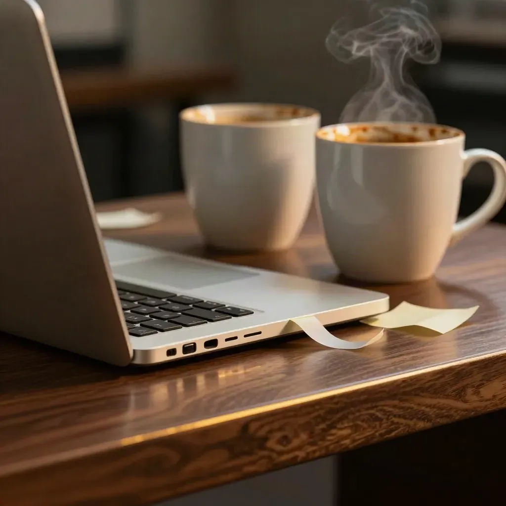 Close macro of a verification desk with a closed laptop, coffee cups, and sticky tabs in warm amber light