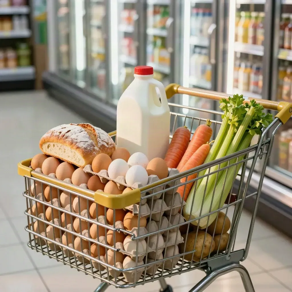 Grocery cart of eggs, milk, bread, and vegetables rolling past a supermarket dairy aisle.