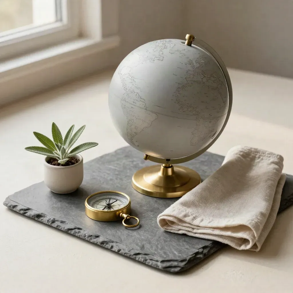 Matte desk globe, brass compass, sage sprig, and linen cloth on a stone tray.