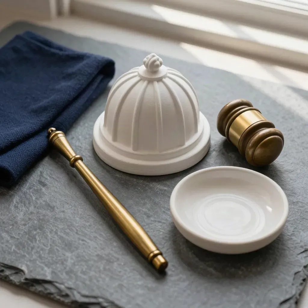 Plaster capitol dome, brass gavel, navy cloth, and ceramic dish on slate surface.