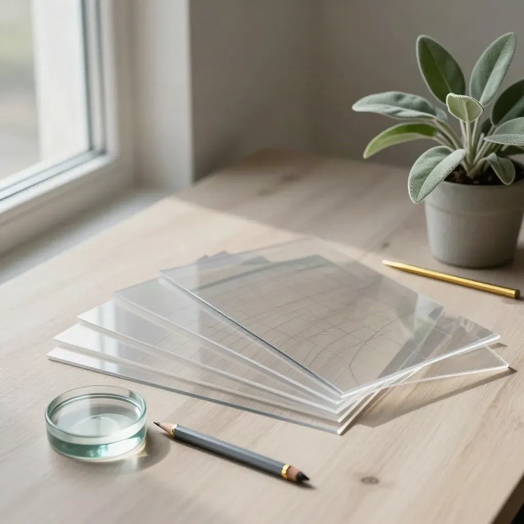 Acetate chart panels, pencil, glass paperweight and plant on pale wood in soft window light.