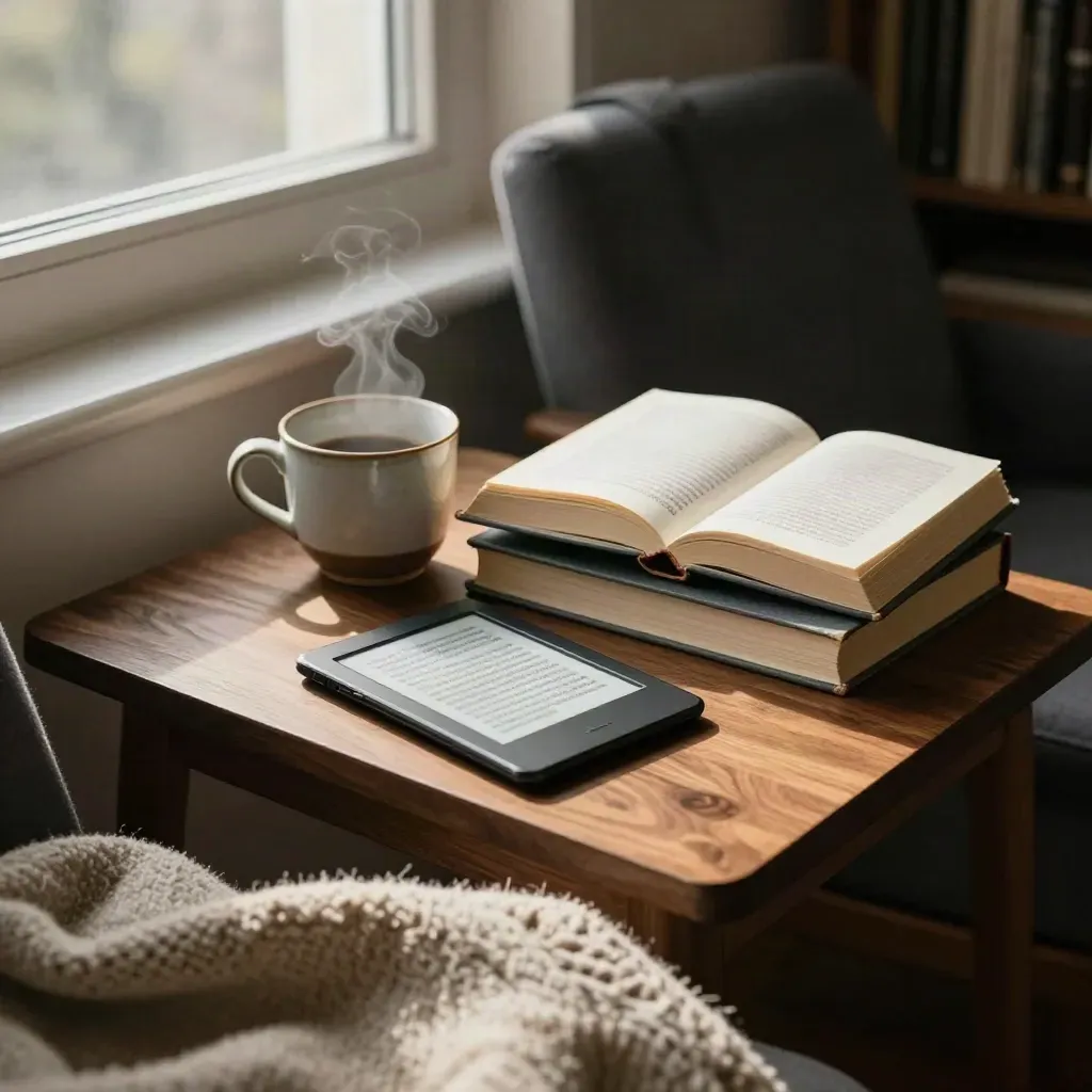 Cozy reading nook with e-reader, books, tea, and wool blanket by a window.