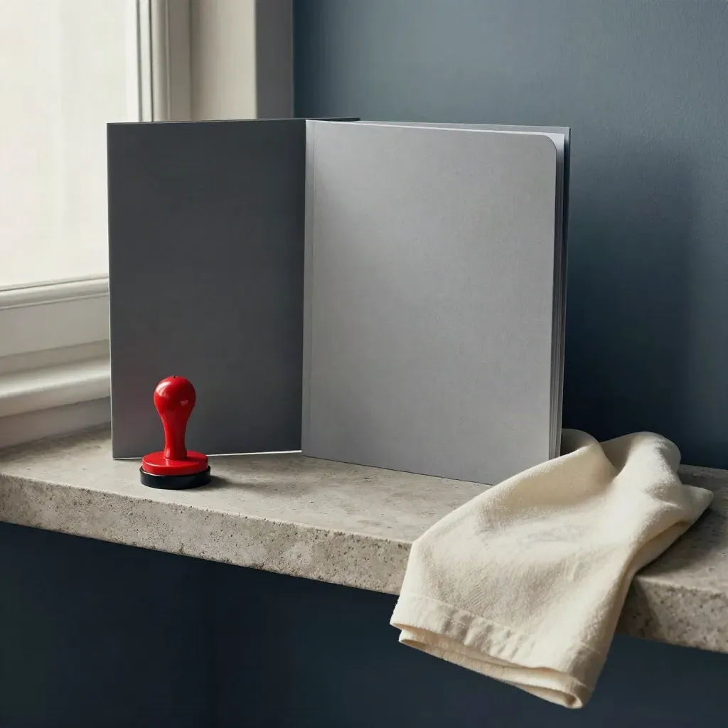 Red correction stamp pad, closed source folders, and cream cloth on a stone shelf