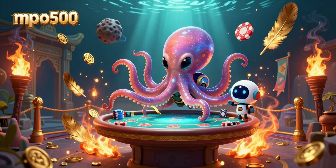 Experience the thrill of mpo500 with a vibrant alien octopus at a holographic poker table, surrounded by cosmic casino elements.