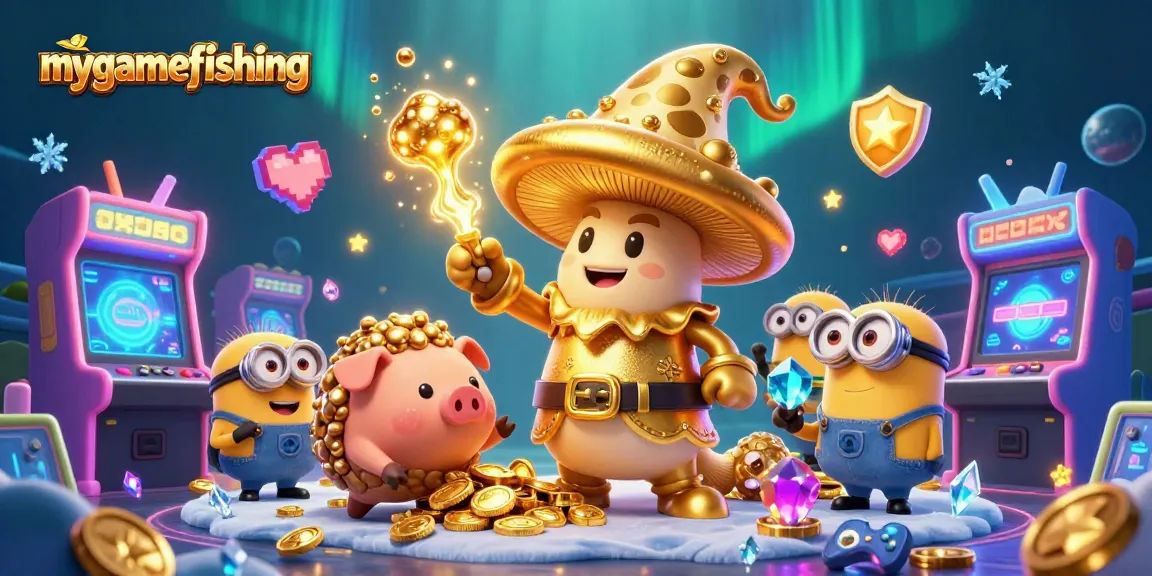 Engage in mygamefishing with magical treasures as the golden mushroom wizard channels spore luck.