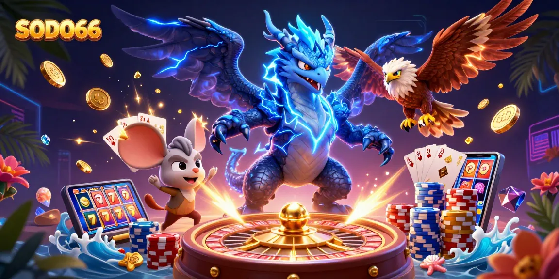 SODO66 offers an exhilarating gaming experience featuring a thunder dragon, vibrant poker chips, and dynamic casino action.