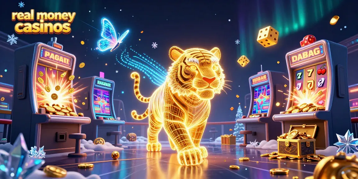 Experience exciting real money casinos with vibrant slot machines, glowing dice, and neon tigers in a dynamic digital landscape.
