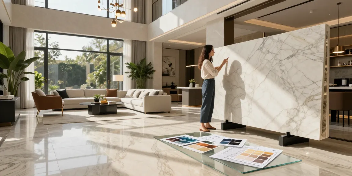 NAGA2000 offers luxury stone flooring consultations, showcasing a stylish designer with premium marble in a bright, elegant interior.