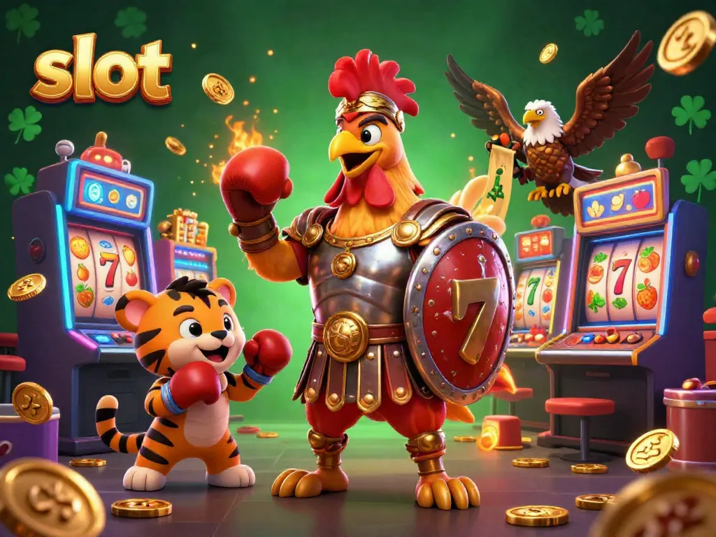 Menggulung slot di kasino dengan ilustrasi kartun ayam jantan, kucing harimau, dan burung elang, memberikan pengalaman bermain yang seru.