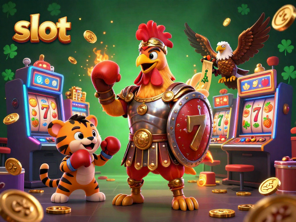 Menggulung slot di kasino dengan ilustrasi kartun ayam jantan, kucing harimau, dan burung elang, memberikan pengalaman bermain yang seru.