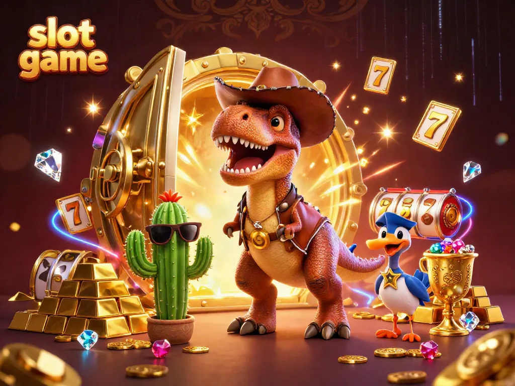 Experience thrilling slot game action with a vibrant 3D scene featuring cartoon characters and treasure.