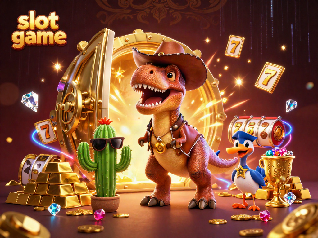 Experience thrilling slot game action with a vibrant 3D scene featuring cartoon characters and treasure.