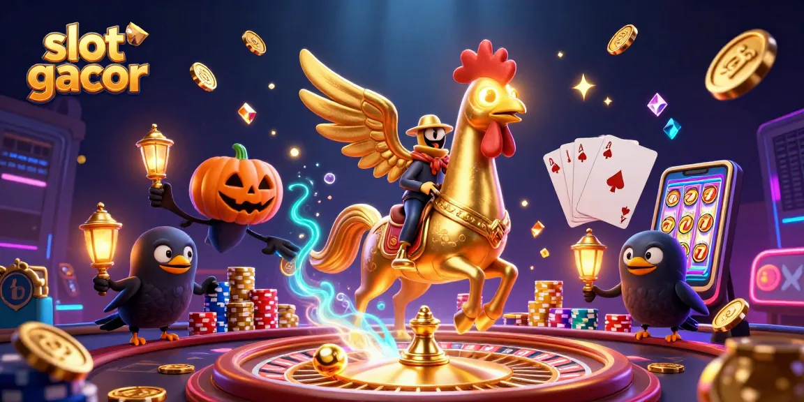Experience slot gacor with vibrant golden rooster and spectral horse in thrilling casino scene