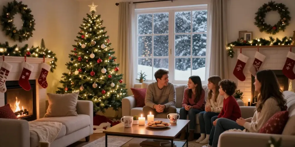 Decorated pencil Christmas tree in a cozy living room.