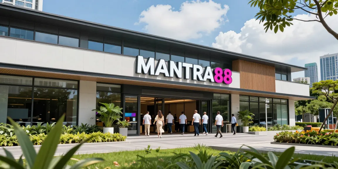Engaging scene of MANTRA88 login experience at a modern commercial property, showcasing vibrant branding and inviting architecture.