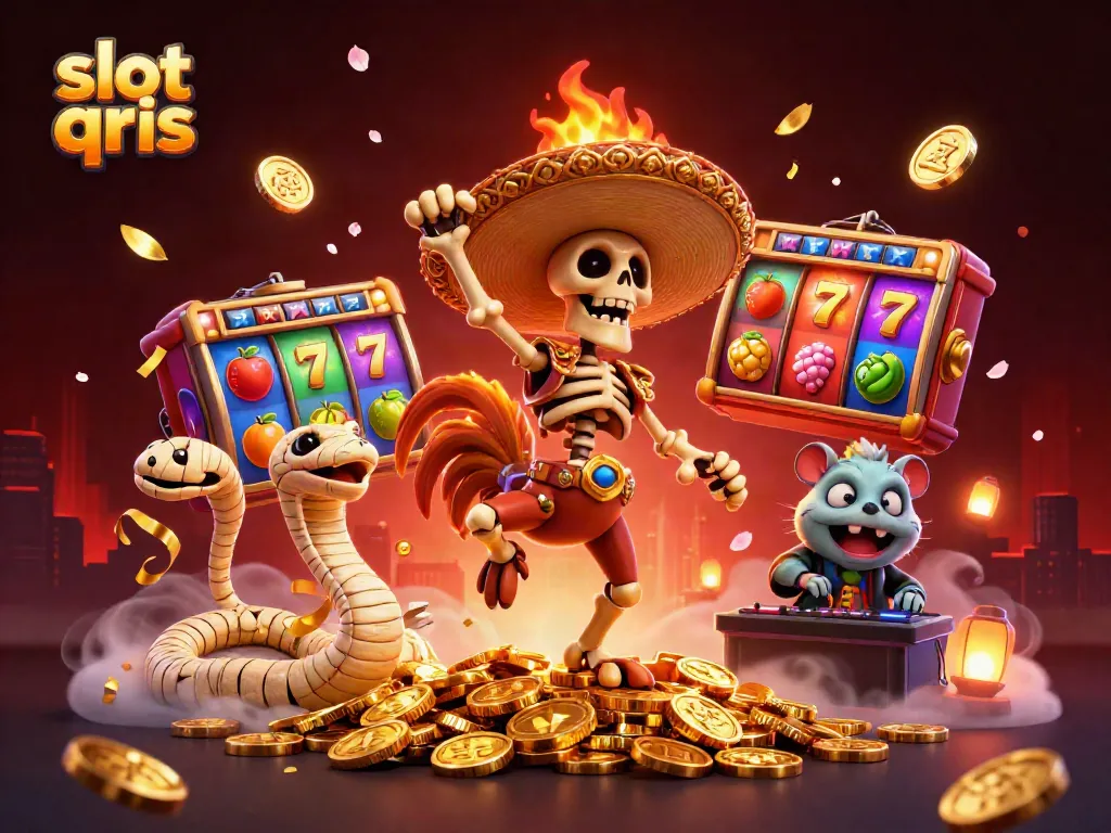 Spin through excitement with slot qris, animated characters dance on golden treasures amidst vibrant casino elements.