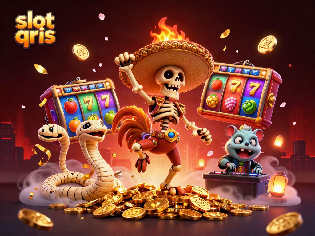 Spin through excitement with slot qris, animated characters dance on golden treasures amidst vibrant casino elements.