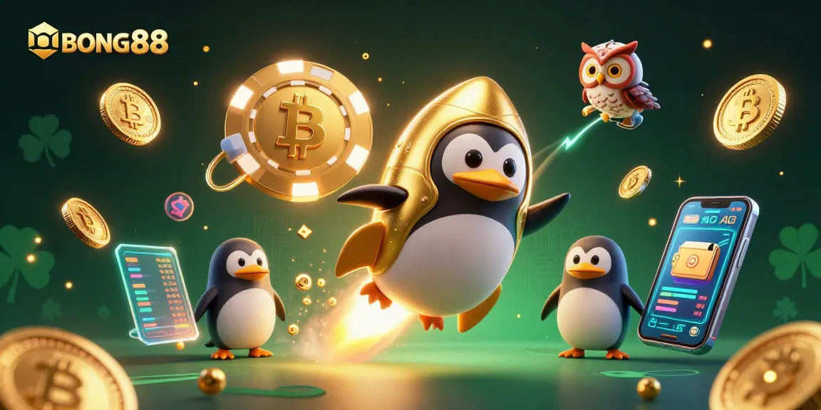 Experience the thrill of BONG88 as a golden penguin zooms past a casino space station.
