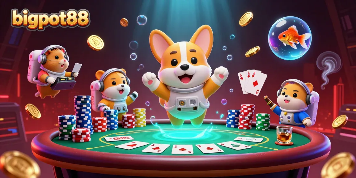 Experience bigpot88's vibrant online gaming space with a floating astronaut corgi, chips, and coins.