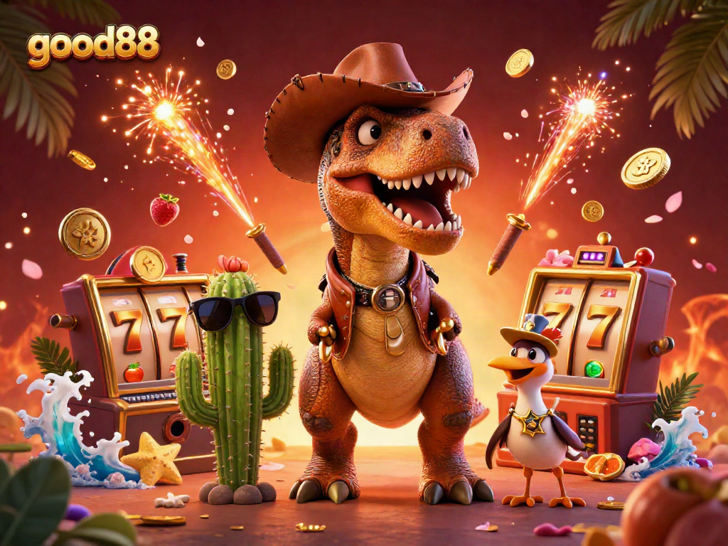 Engage with the vibrant scene showcasing good88's thrilling gaming universe featuring slots and playful characters.