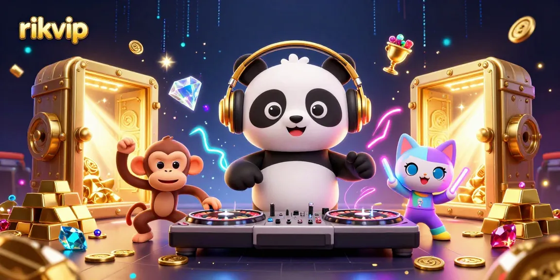 Experience vibrant gaming at rikvip with a DJ panda and dancing characters in a lively 3D casino scene.