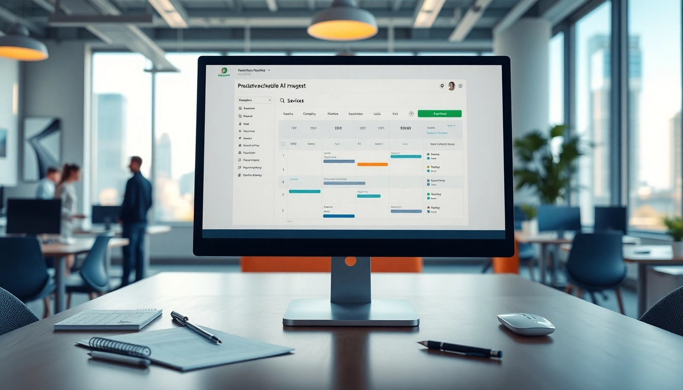 Engaging scene of proactive scheduling AI in a vibrant office, showcasing user interface.