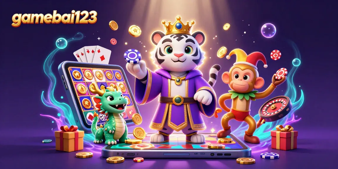 Engage in gamebai123 with an illustration of a white tiger, monkey, and dragon in a vibrant casino scene.