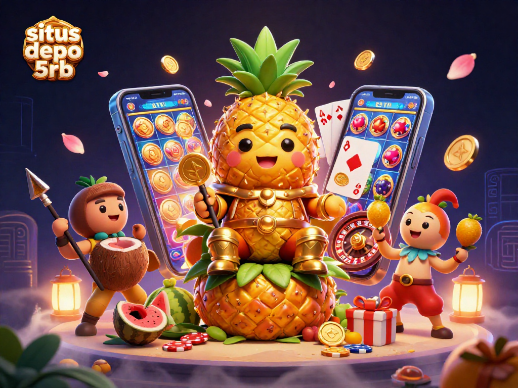 Engage with exciting slots at situs depo 5rb featuring a vibrant scene with the pineapple king, games, and prizes.