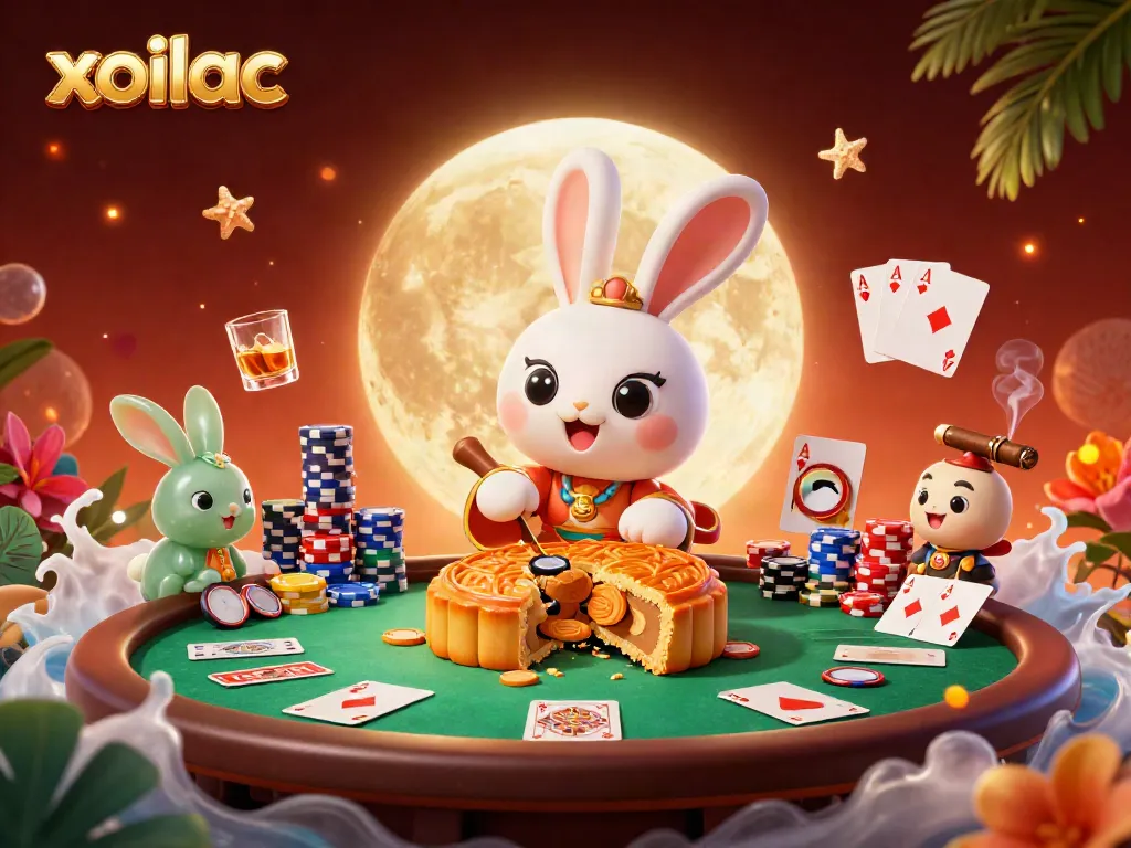 Experience vibrant 3D imagery of xoilac's lunar poker scene with moon rabbits, chips, and a dynamic table layout.
