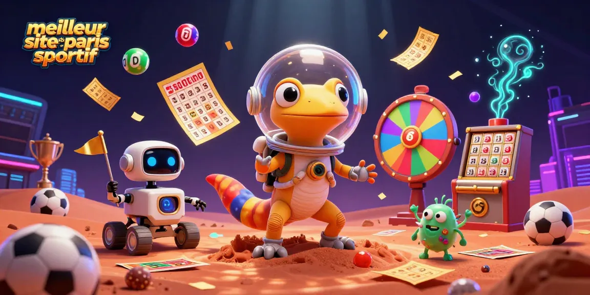 Illustration d'un gecko martien en combinaison spatiale à la recherche du meilleur site de paris sportif, entouré de ballons de loterie colorés.