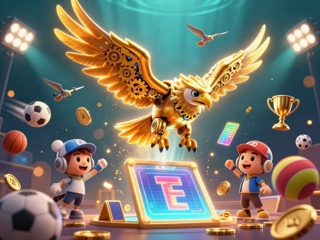 Gambarkan slot yang menarik dengan karakter elang futuristik dan elemen kasino lainnya.