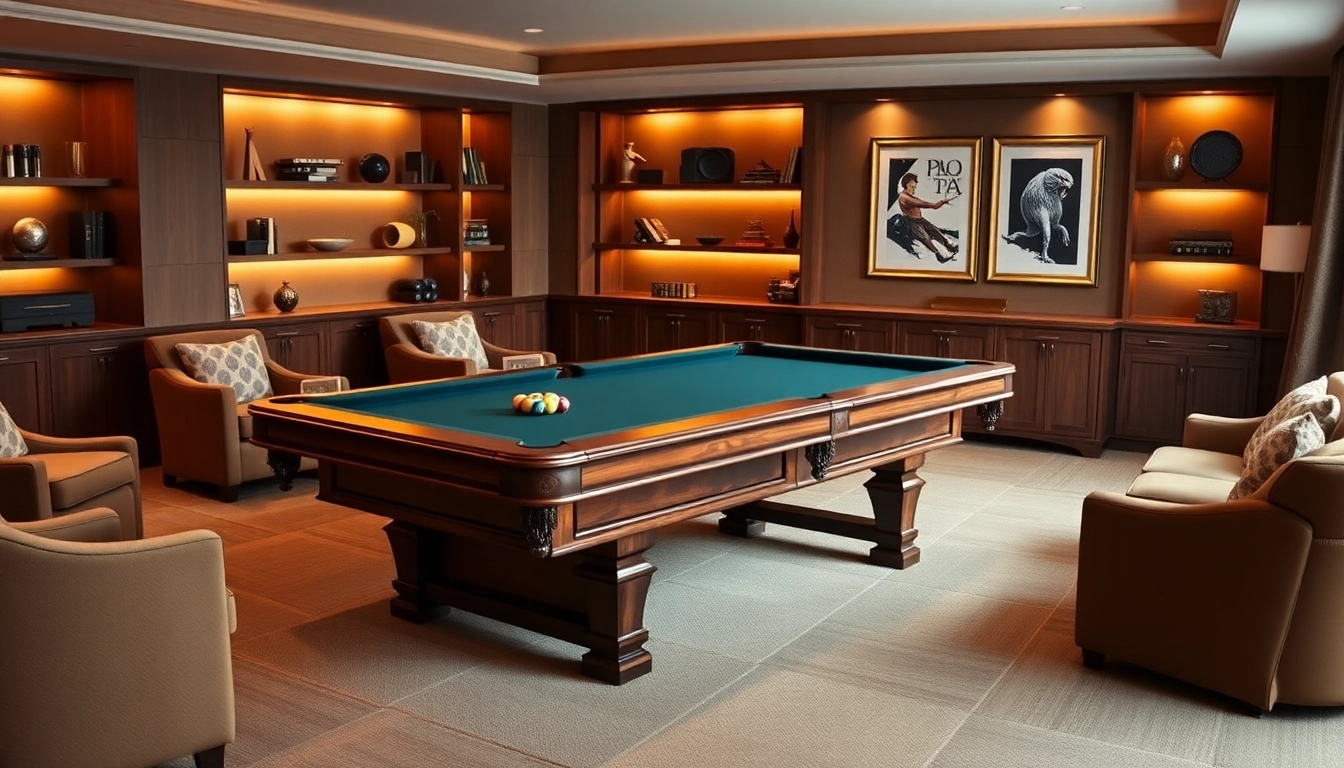 Buy Pool Tables with elegant mahogany finish in a cozy, stylish game room setting.