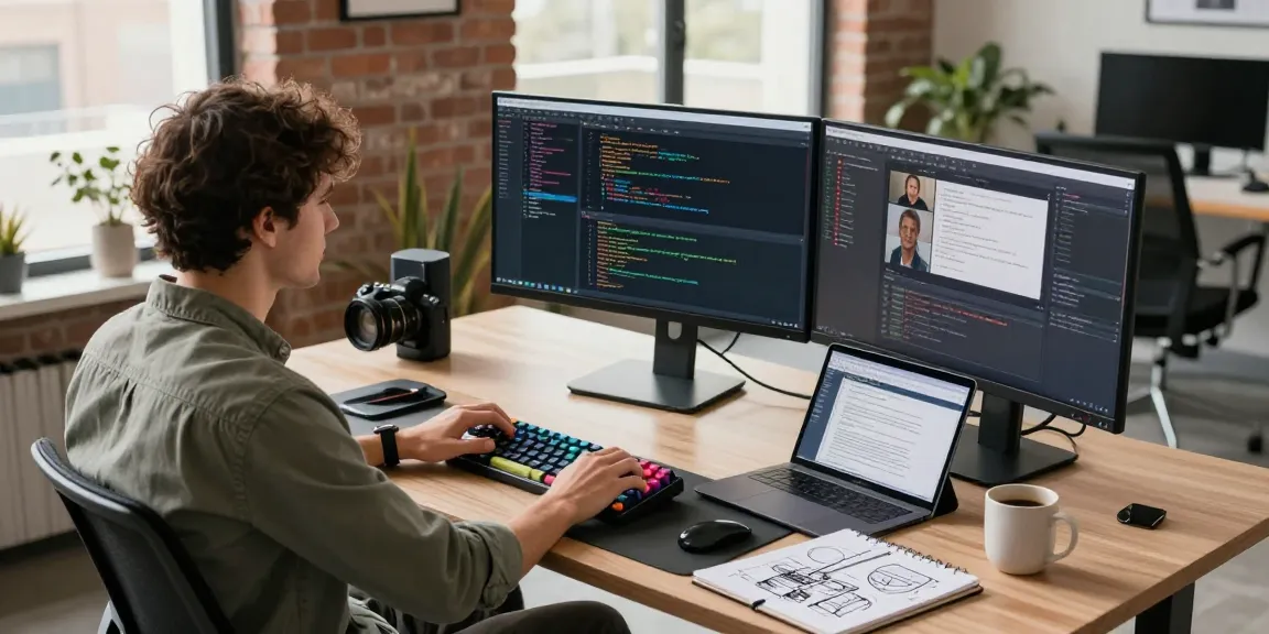 Dynamic tech workspace with a developer focused on coding and design tasks at multiple monitors, engaging in a creative process.