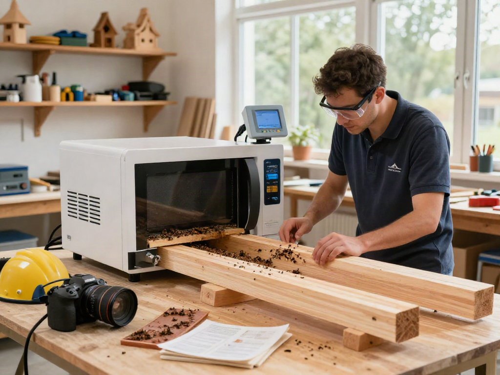 SHASHEL® device treating wood against wood-boring insects in a bright workshop