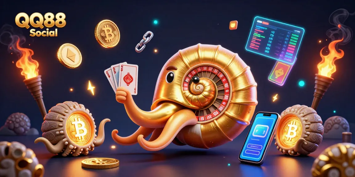 Engage with QQ88 Social's vibrant gaming scene featuring a golden nautilus roulette wheel and cryptocurrency elements.