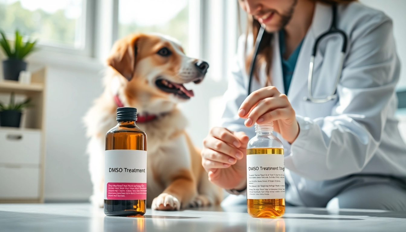 DMSO for dogs treatment application showing a veterinarian caring for a dog's joint.
