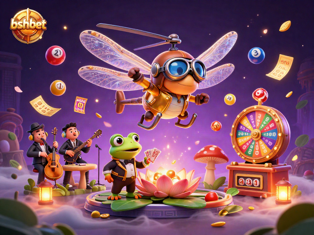 bshbet showcases a vibrant casino scene with a helicopter pilot dragonfly and a frog croupier dealing cards.