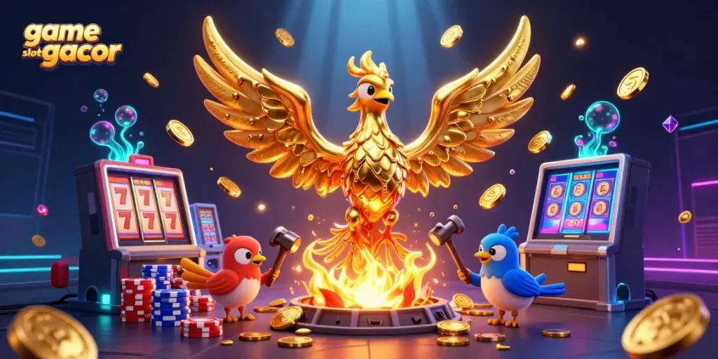 Experience the thrill with game slot gacor as a phoenix rises from molten gold amidst cascading coins and vibrant slot reels.