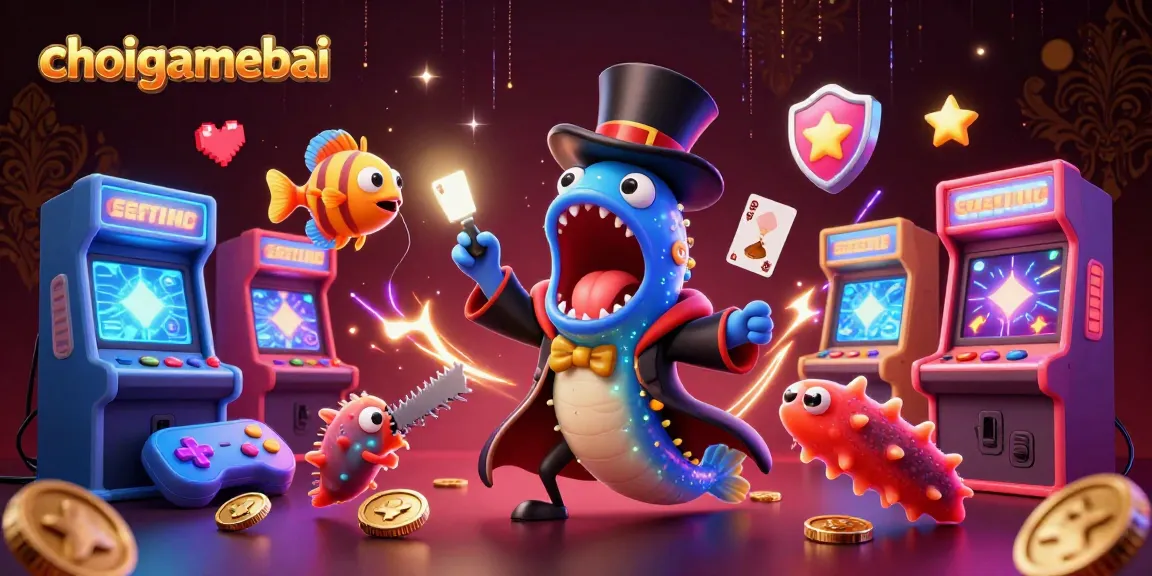 Experience choigamebai with a bioluminescent gulper eel performing magic card tricks amid vibrant gaming elements.