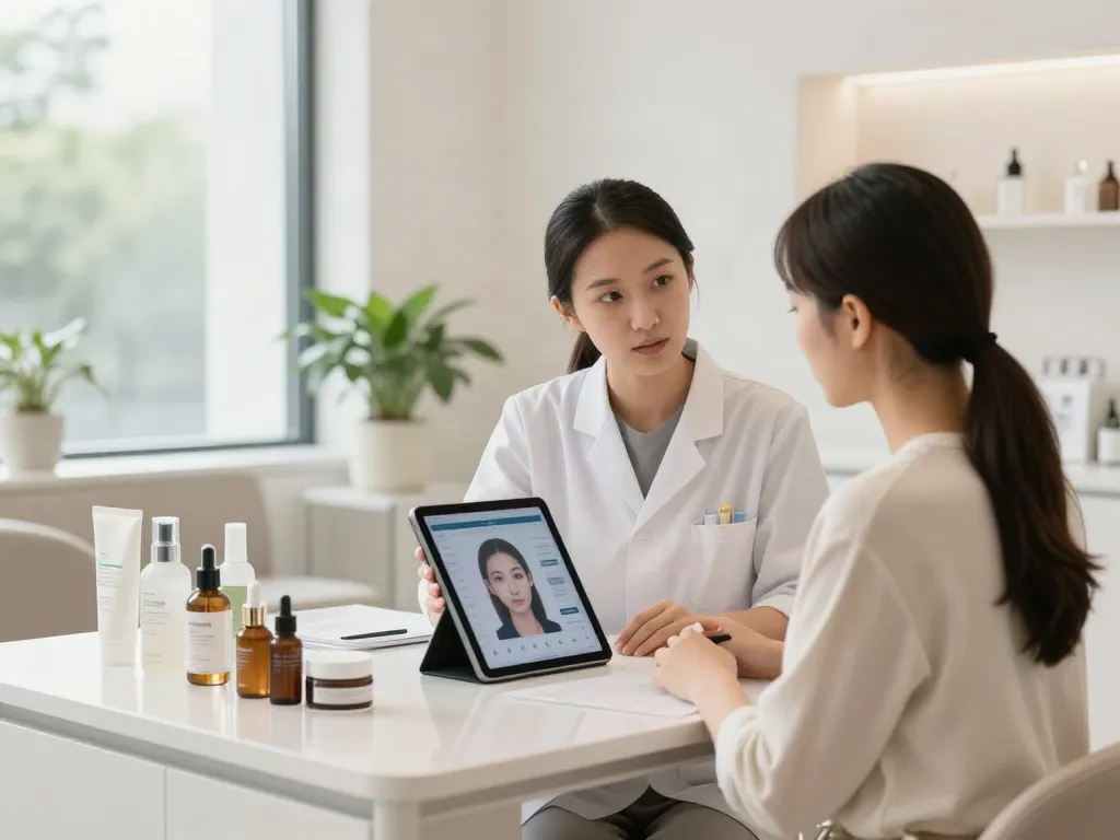 Consultation on alternatives to QOVES at a modern beauty clinic.