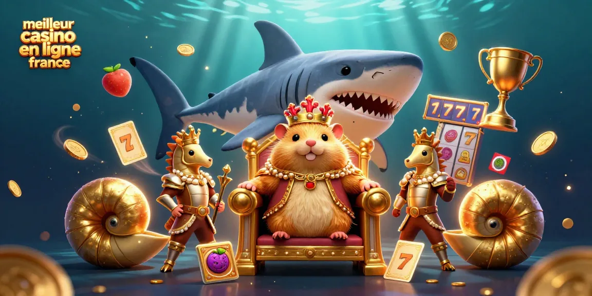 Jouez au meilleur casino en ligne France avec un roi hamster doré sur son trône pétillant parmi des rouleaux de machines à sous.
