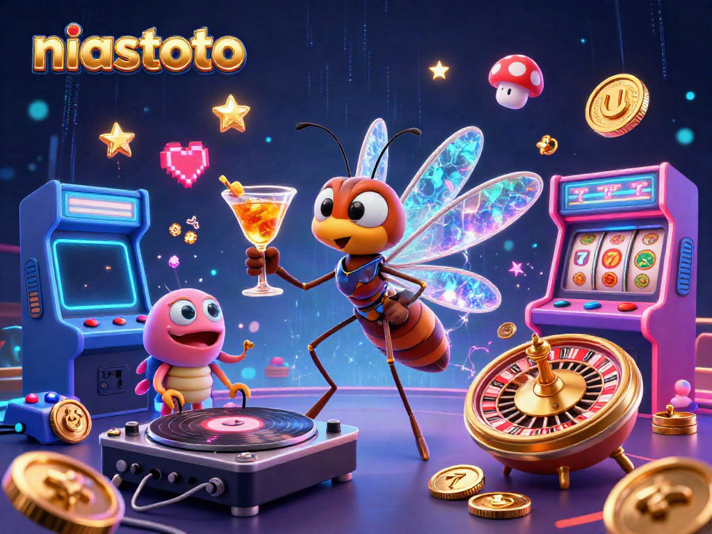 Engage with niastoto's vibrant casino scene featuring a frozen mosquito mascot at a colorful gaming hub.
