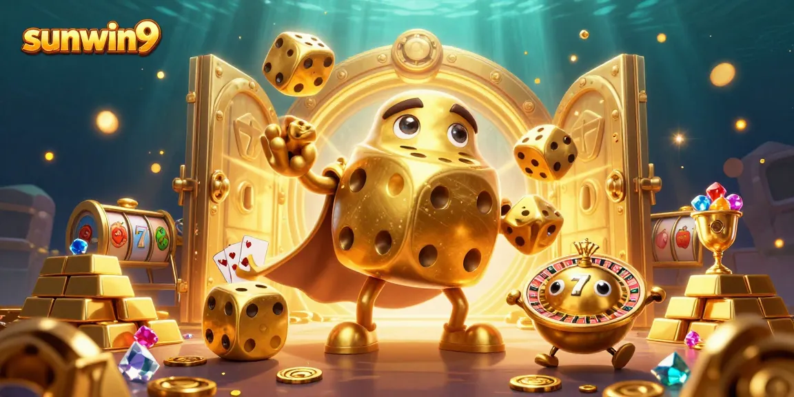 Engaging sunwin9 casino scene with golden dice golem juggling jackpots and treasure