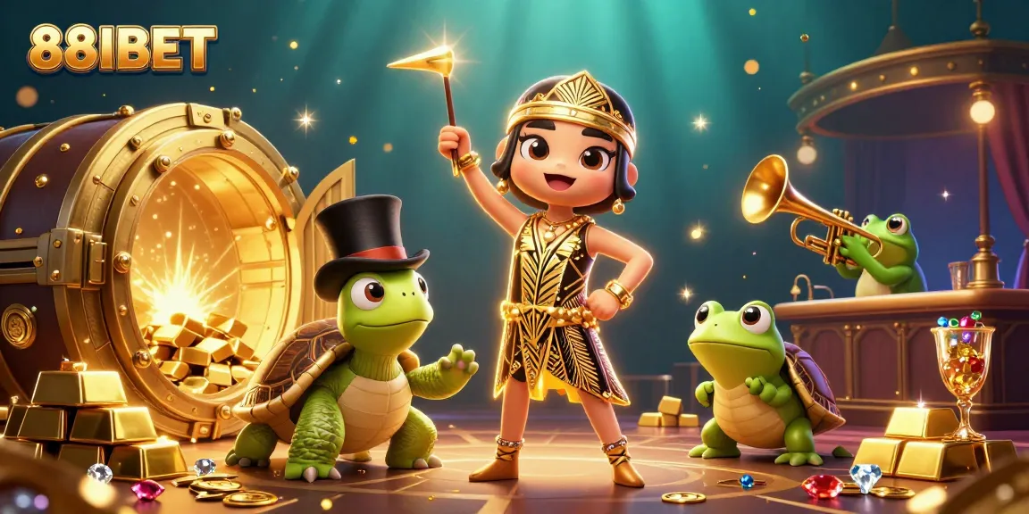 88IBET treasures shine brightly with characters enjoying casino fun and excitement.