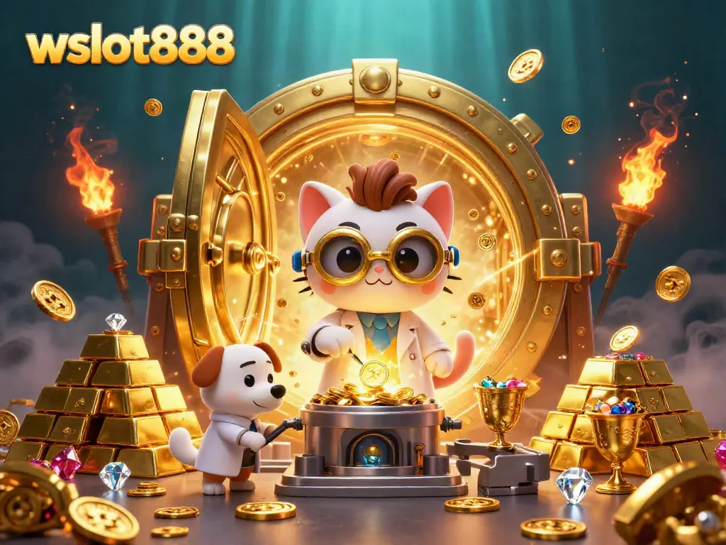 Slot jackpot wslot888 terlihat dalam ilustrasi 3D ceria dengan karakter menarik dan harta karun.
