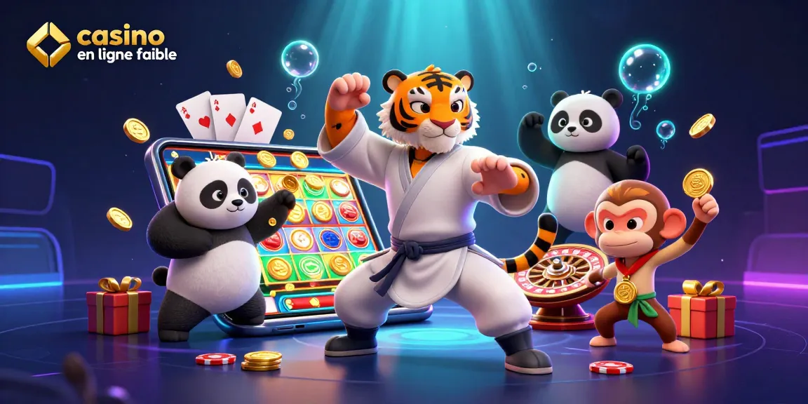 Illustration d'un tigre kung-fu, panda et singe, représentant un casino en ligne fiable, entourés de jeux animés.