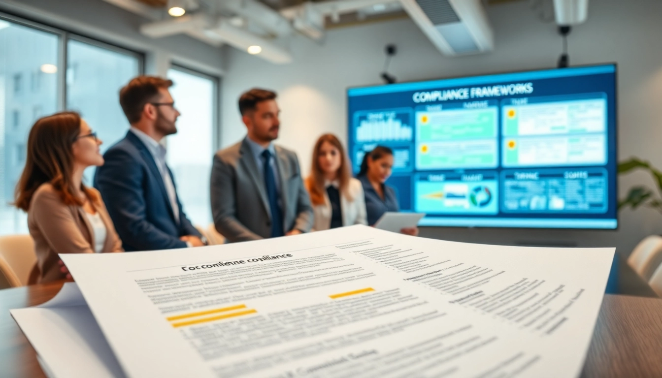 Illustration of FCPA/DCAA/Flowdown/ITAR/EAR compliance discussion among professionals in an office.